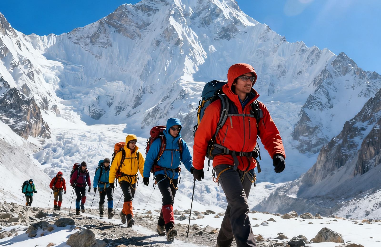 一支由zoty中欧体育专业领队带领的户外探险队正在雪山脚下徒步前行，队员们身穿鲜艳冲锋衣背着登山包，远处是巍峨的雪山和湛蓝天空，地面覆盖着薄雪与碎石